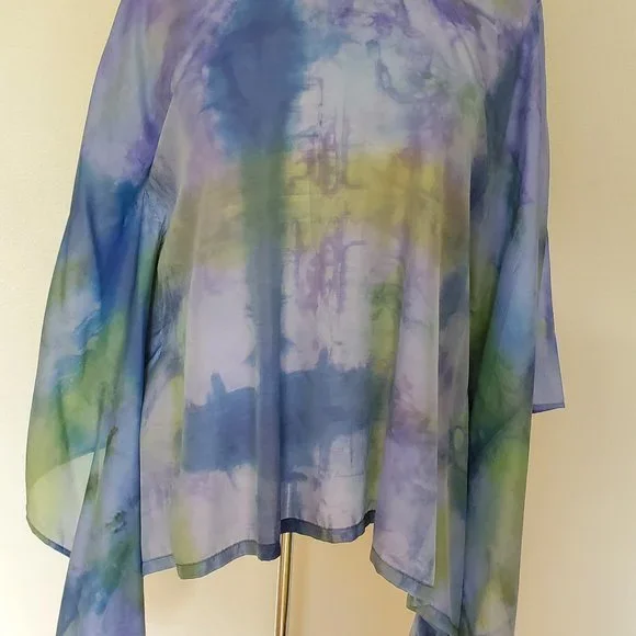 NEW Silk Caftan Kaftan top batwing shirt resort S M L XL green blue painted dyed - Picture 6 of 8